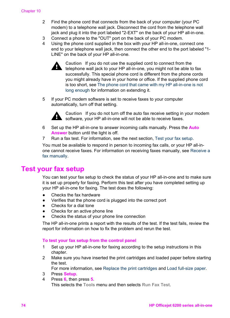 Test your fax setup | HP Officejet 6210v All-in-One Printer User Manual | Page 77 / 177