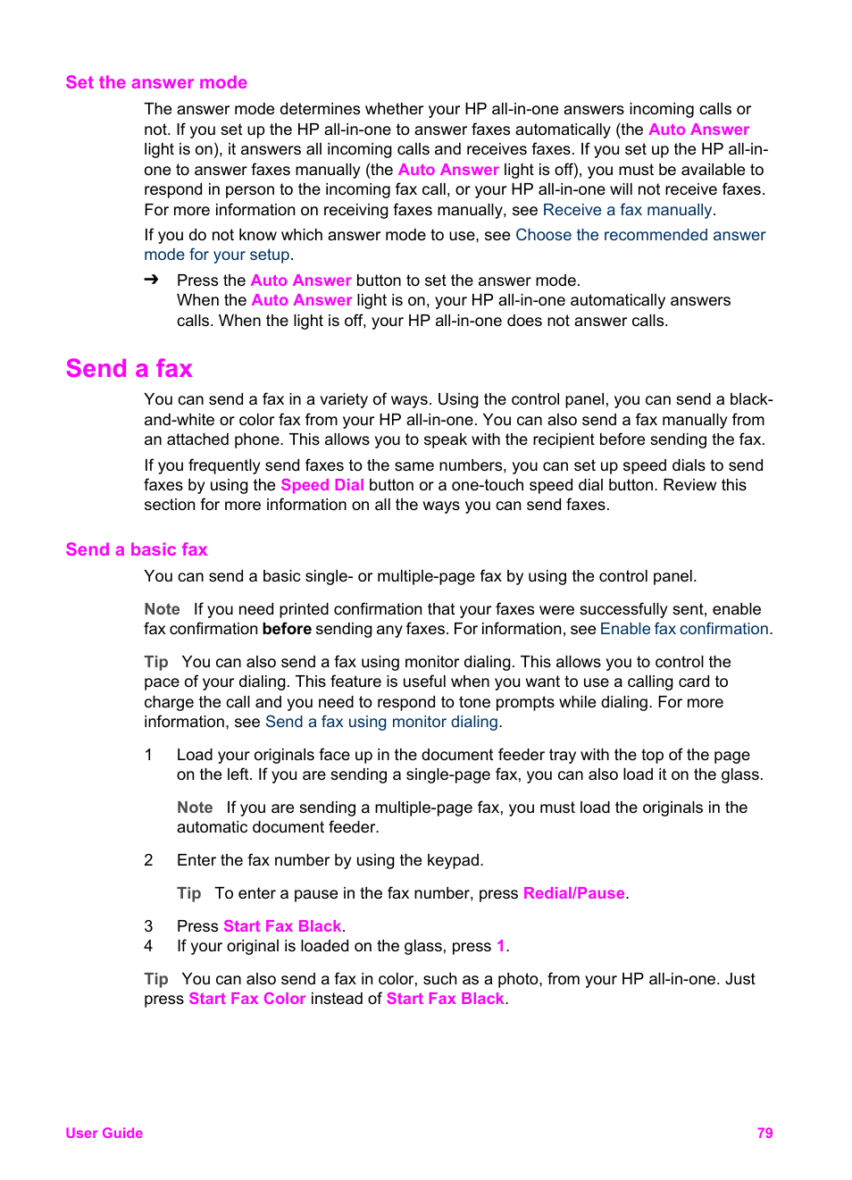 Set the answer mode, Send a fax, Send a basic fax | HP Officejet 6210v All-in-One Printer User Manual | Page 82 / 177