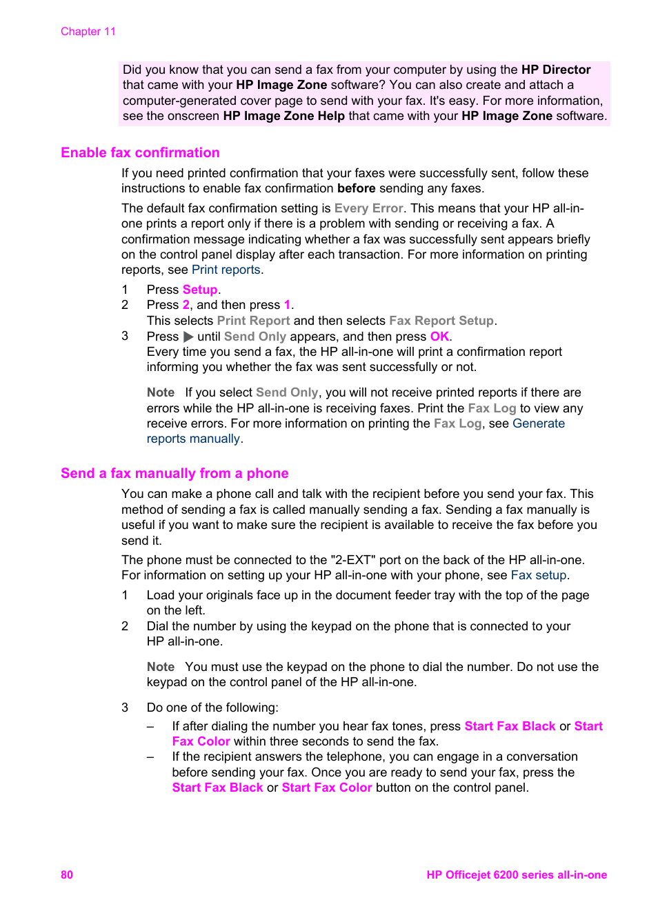 Enable fax confirmation, Send a fax manually from a phone | HP Officejet 6210v All-in-One Printer User Manual | Page 83 / 177