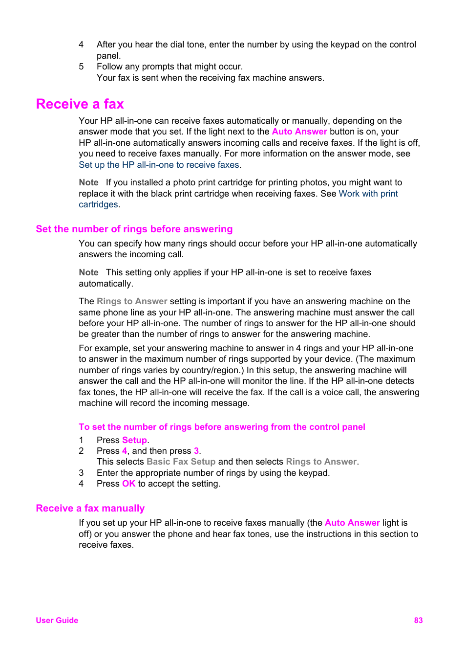 Receive a fax, Set the number of rings before answering, Receive a fax manually | Set the number of rings before, Answering, Receive a, Fax manually, Set the number of rings, Before answering | HP Officejet 6210v All-in-One Printer User Manual | Page 86 / 177