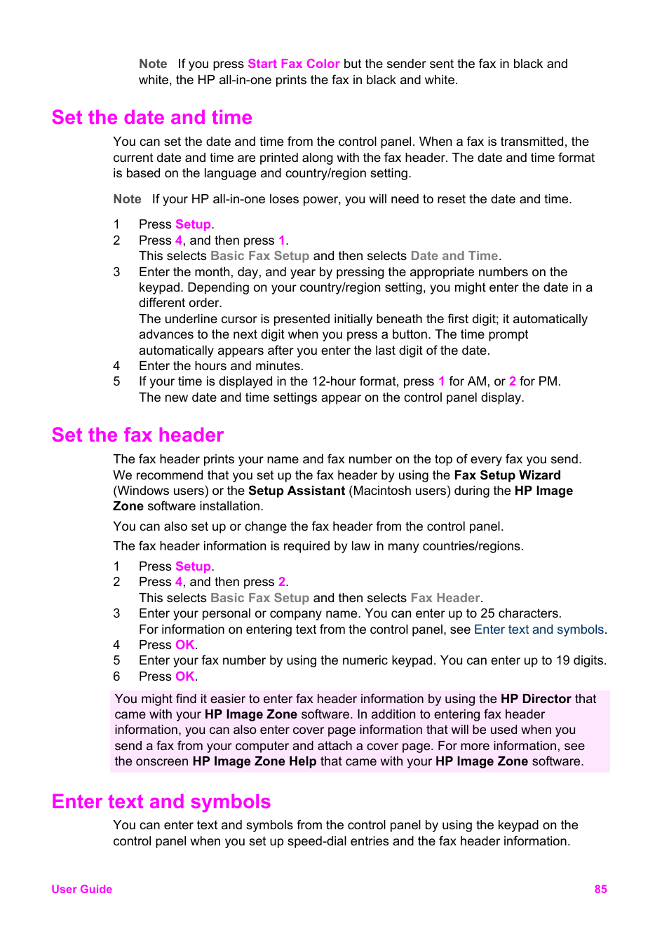 Set the date and time, Set the fax header, Enter text and symbols | HP Officejet 6210v All-in-One Printer User Manual | Page 88 / 177