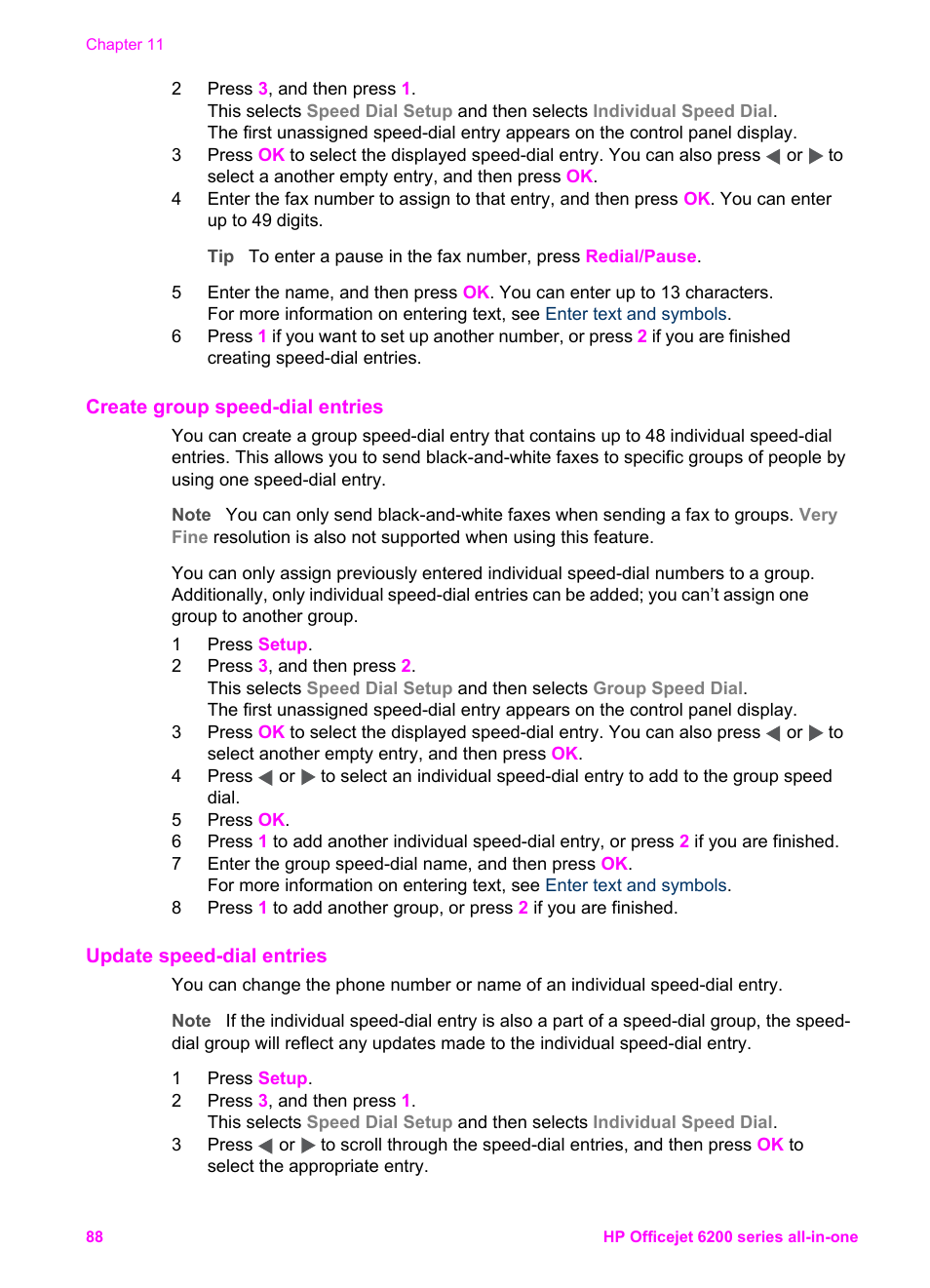Create group speed-dial entries, Update speed-dial entries | HP Officejet 6210v All-in-One Printer User Manual | Page 91 / 177