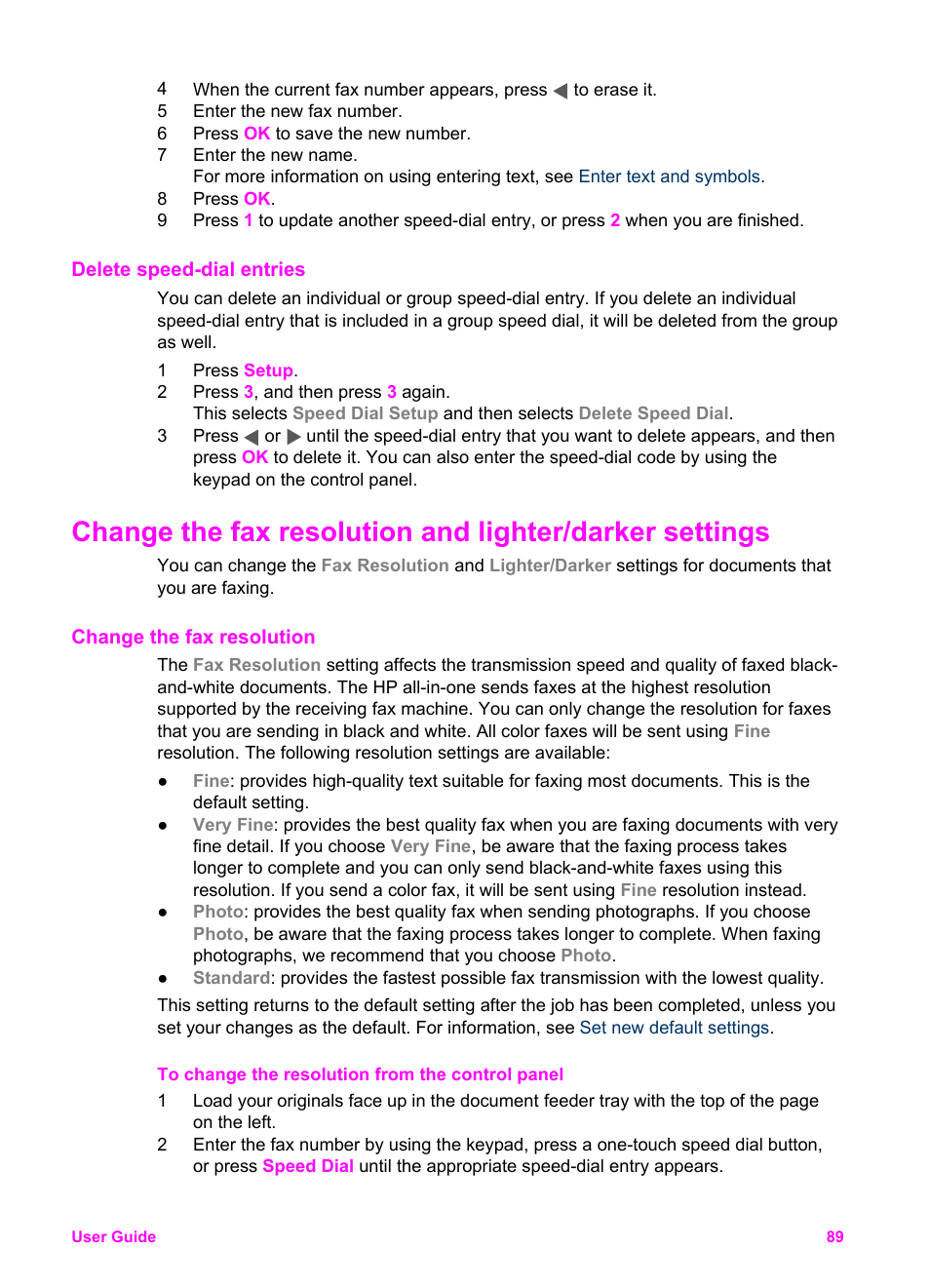 Delete speed-dial entries, Change the fax resolution | HP Officejet 6210v All-in-One Printer User Manual | Page 92 / 177