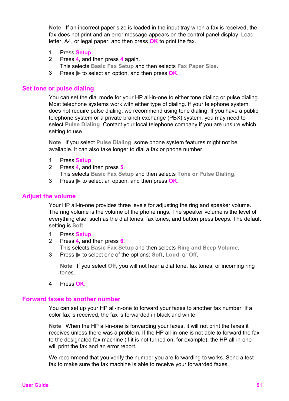Set tone or pulse dialing, Adjust the volume, Forward faxes to another number | HP Officejet 6210v All-in-One Printer User Manual | Page 94 / 177