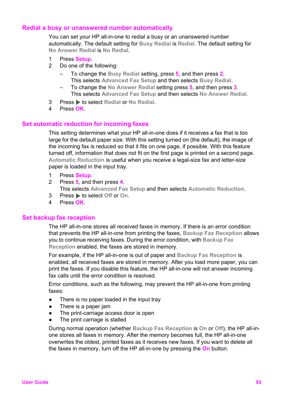 Redial a busy or unanswered number automatically, Set automatic reduction for incoming faxes, Set backup fax reception | HP Officejet 6210v All-in-One Printer User Manual | Page 96 / 177