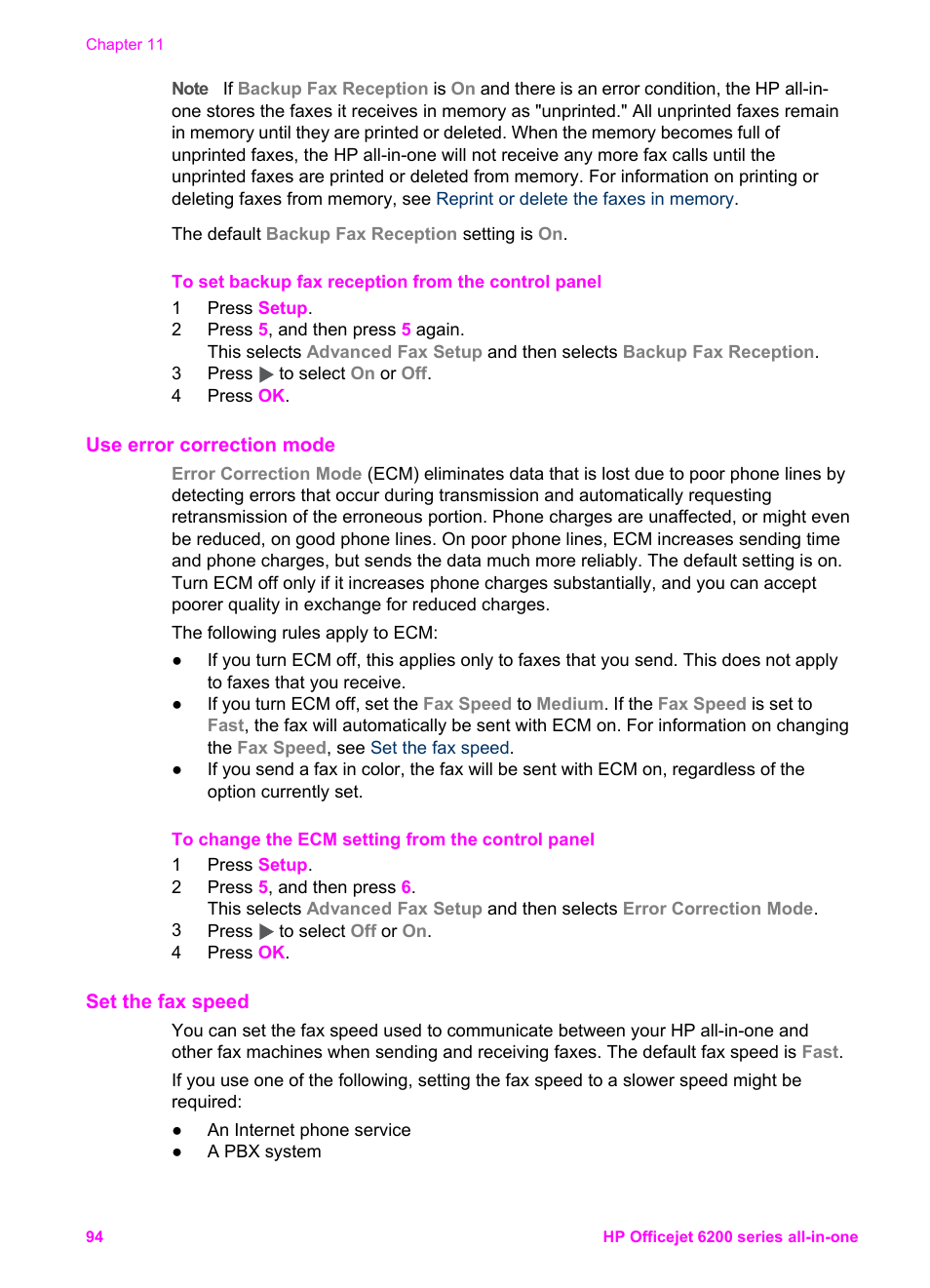 Use error correction mode, Set the fax speed | HP Officejet 6210v All-in-One Printer User Manual | Page 97 / 177