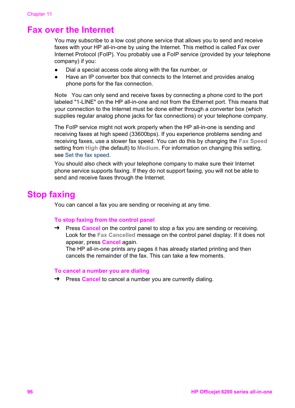 Fax over the internet, Stop faxing, Fax over the internet stop faxing | HP Officejet 6210v All-in-One Printer User Manual | Page 99 / 177