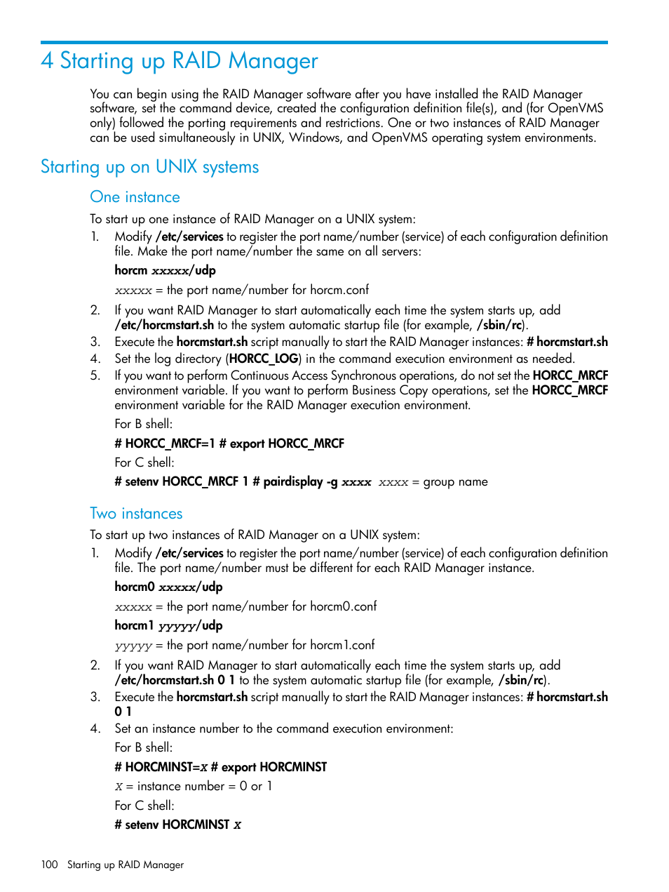 4 starting up raid manager, Starting up on unix systems, One instance | Two instances | HP XP7 Storage User Manual | Page 100 / 304