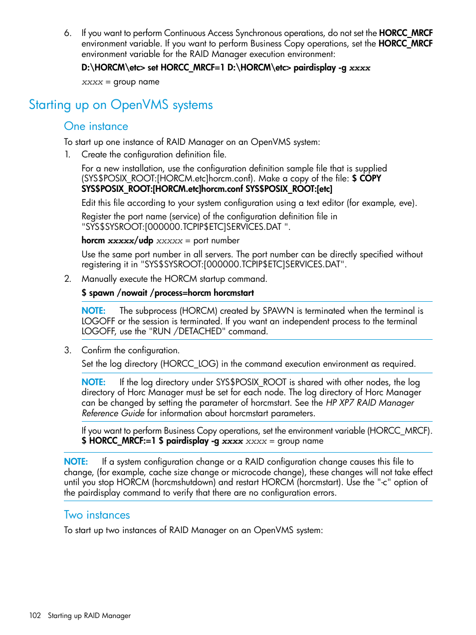 Starting up on openvms systems, One instance, Two instances | HP XP7 Storage User Manual | Page 102 / 304