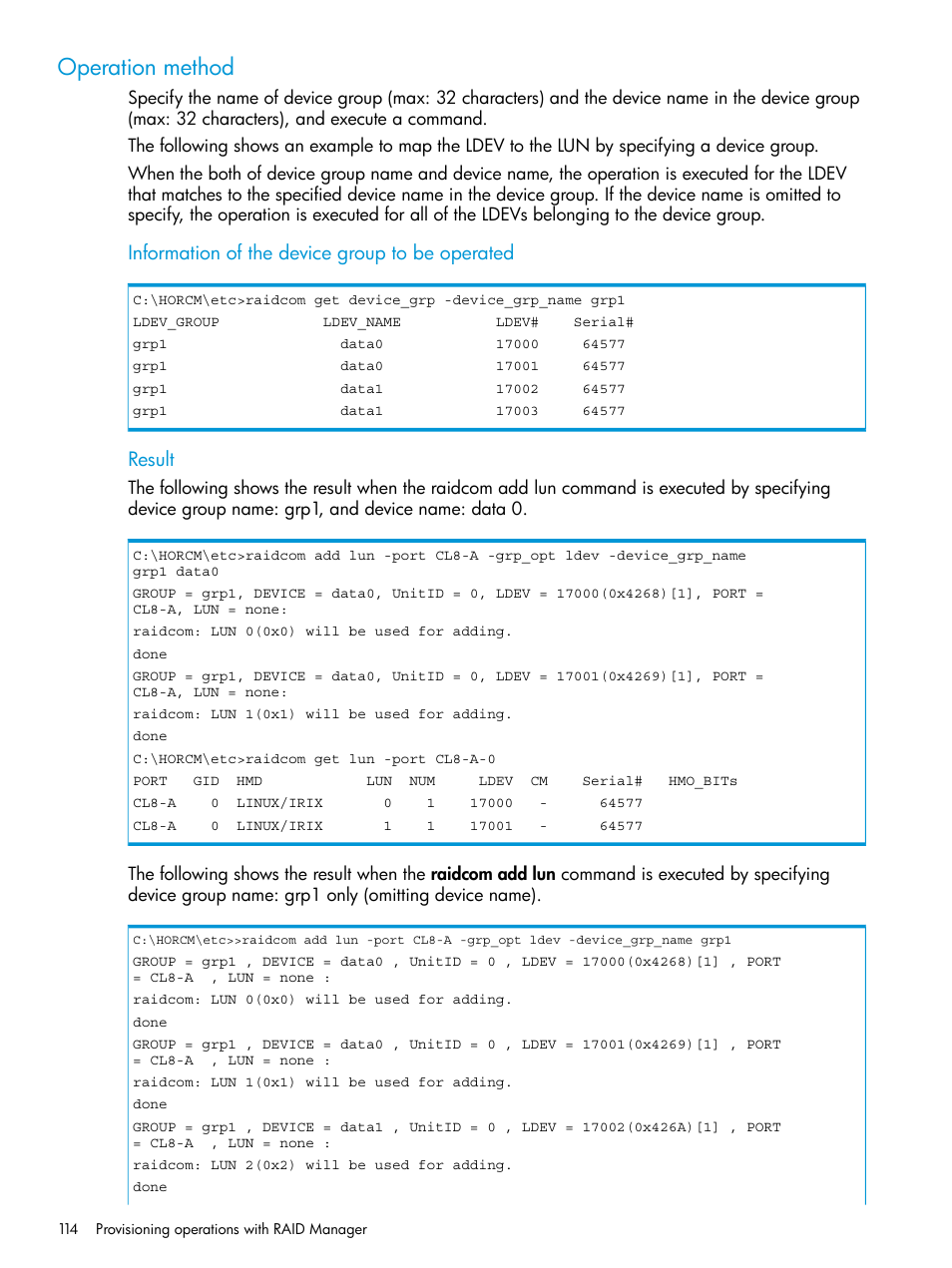 Operation method, Information of the device group to be operated, Result | HP XP7 Storage User Manual | Page 114 / 304