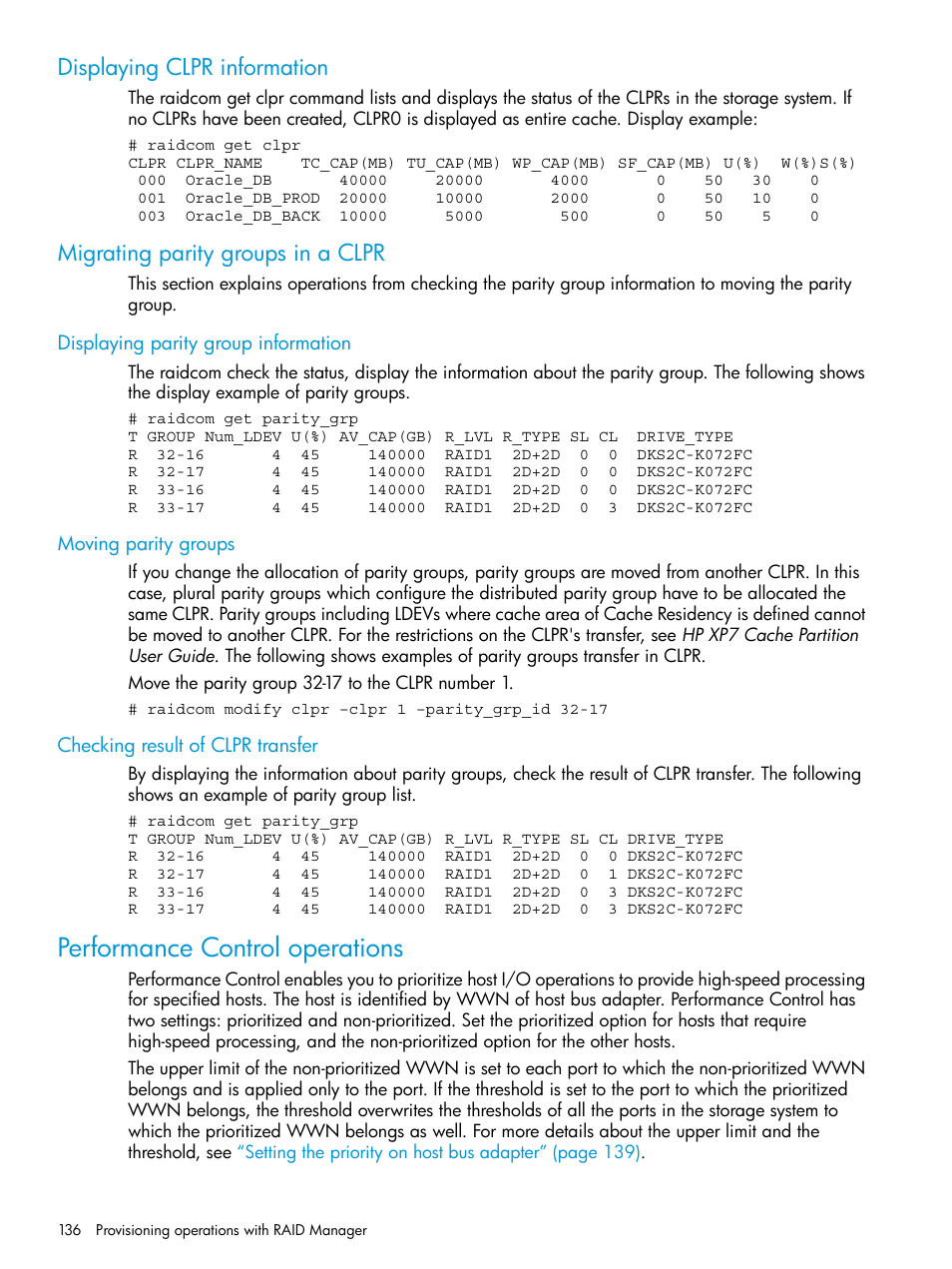 Displaying clpr information, Migrating parity groups in a clpr, Displaying parity group information | Moving parity groups, Checking result of clpr transfer, Performance control operations | HP XP7 Storage User Manual | Page 136 / 304