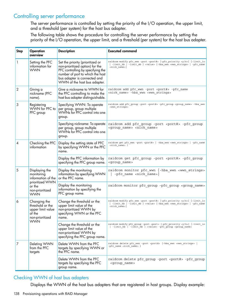 Controlling server performance, Checking wwn of host bus adapters | HP XP7 Storage User Manual | Page 138 / 304