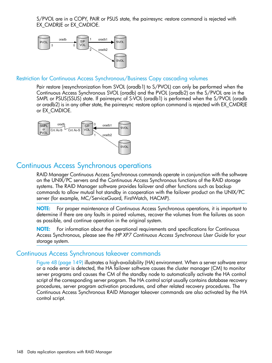Continuous access synchronous operations, Continuous access synchronous takeover commands | HP XP7 Storage User Manual | Page 148 / 304