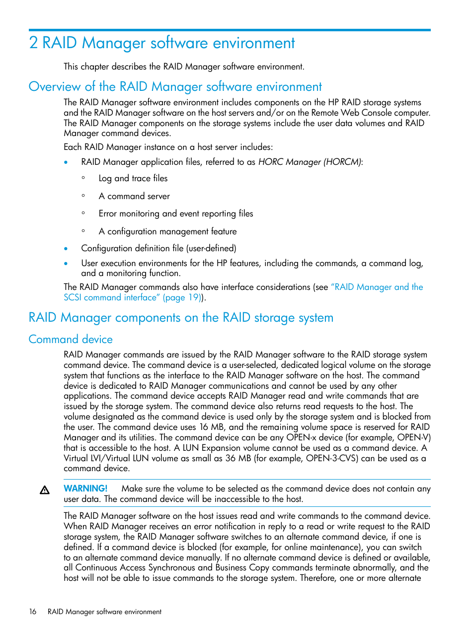 2 raid manager software environment, Overview of the raid manager software environment, Raid manager components on the raid storage system | Command device | HP XP7 Storage User Manual | Page 16 / 304