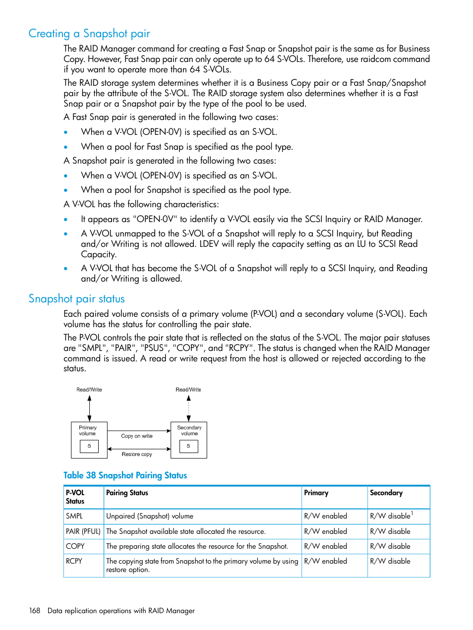 Creating a snapshot pair, Snapshot pair status, Creating a snapshot pair snapshot pair status | HP XP7 Storage User Manual | Page 168 / 304