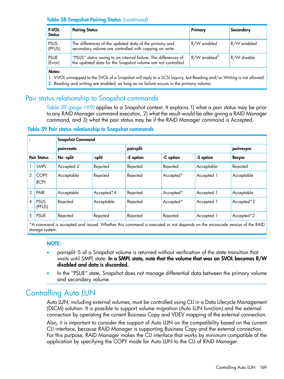 Pair status relationship to snapshot commands, Controlling auto lun | HP XP7 Storage User Manual | Page 169 / 304