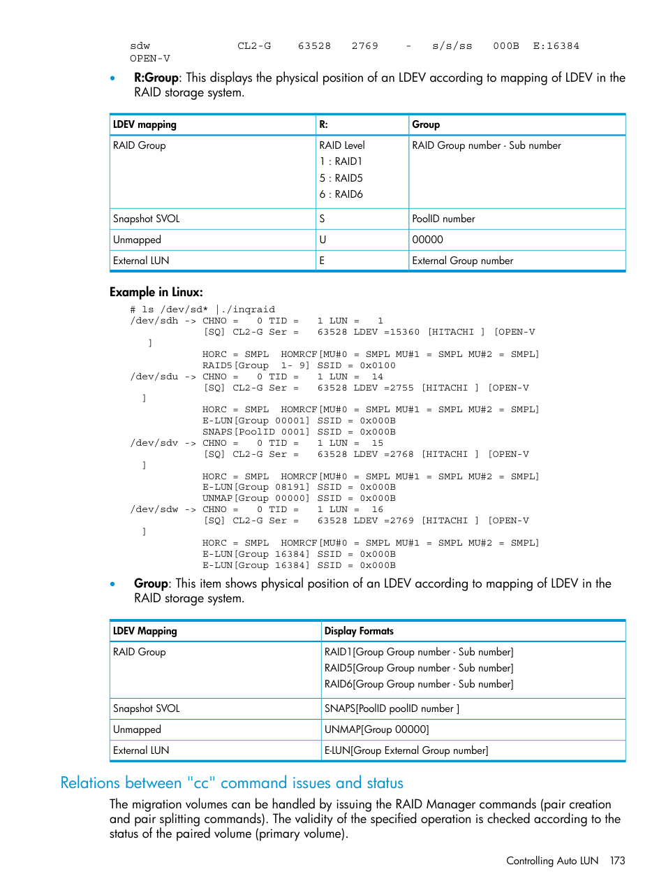 Relations between "cc" command issues and status | HP XP7 Storage User Manual | Page 173 / 304