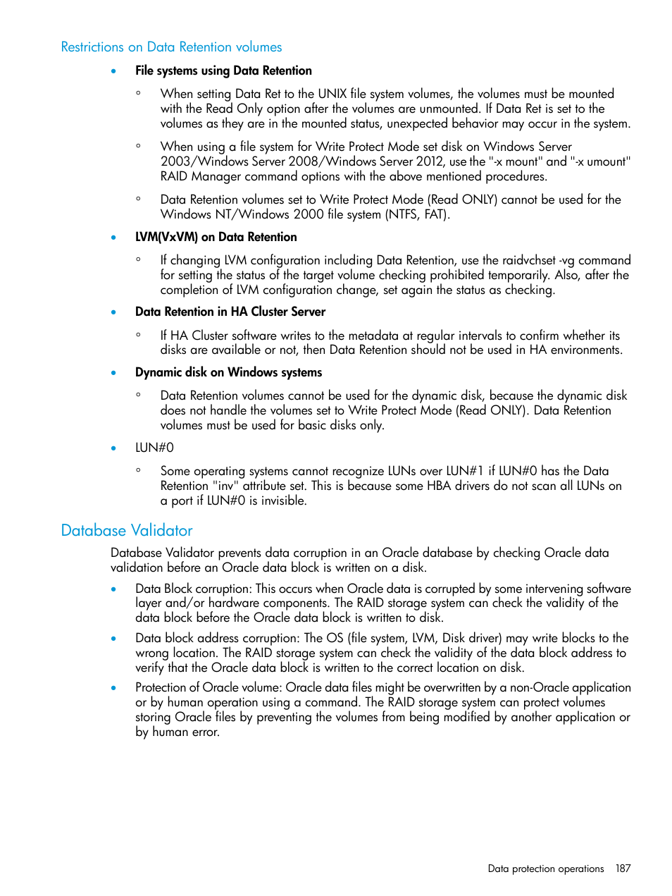 Restrictions on data retention volumes, Database validator | HP XP7 Storage User Manual | Page 187 / 304