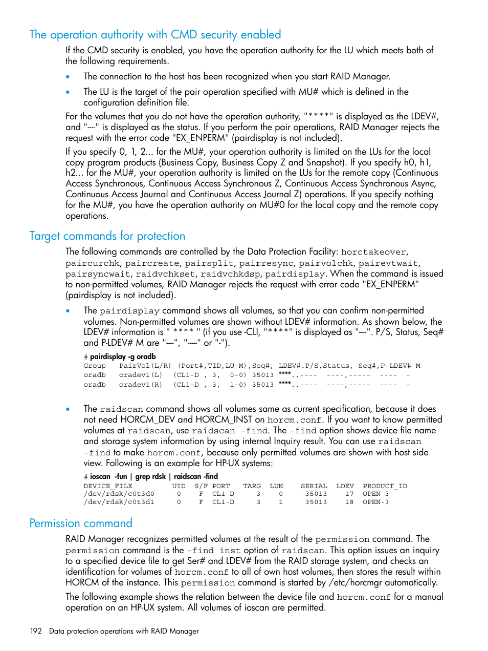 The operation authority with cmd security enabled, Target commands for protection, Permission command | HP XP7 Storage User Manual | Page 192 / 304