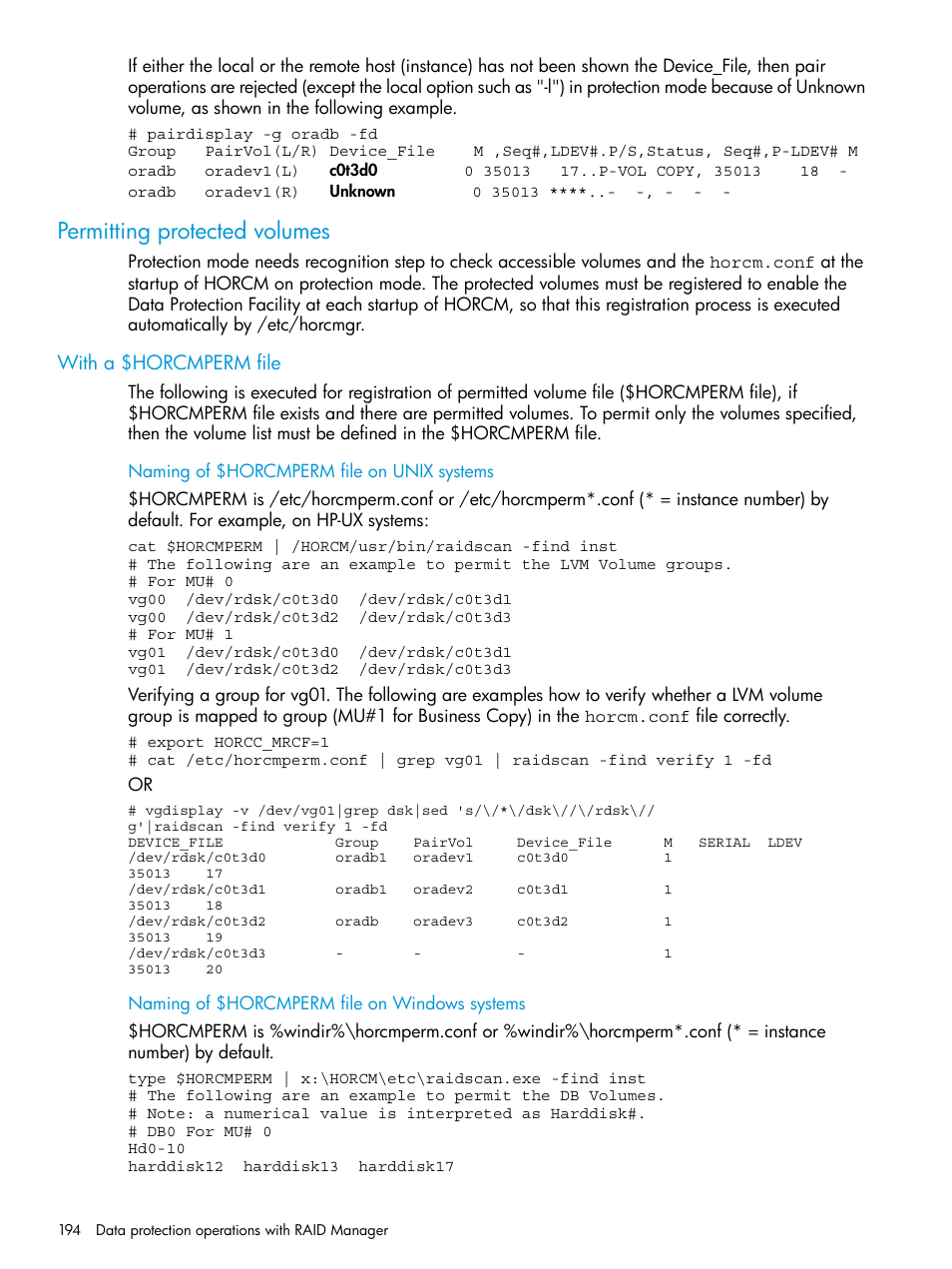 Permitting protected volumes, With a $horcmperm file | HP XP7 Storage User Manual | Page 194 / 304