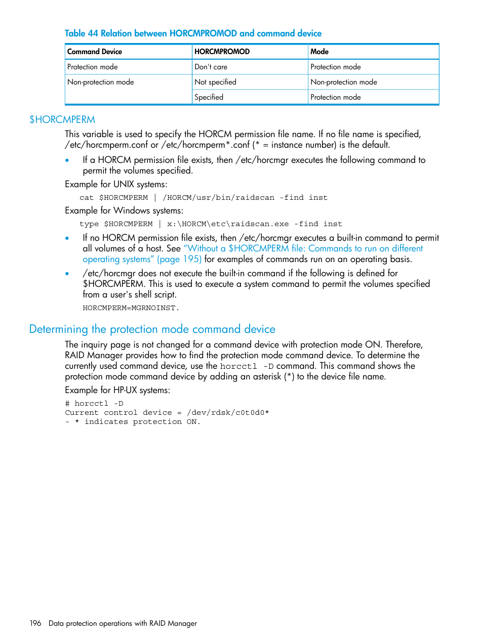 Horcmperm, Determining the protection mode command device | HP XP7 Storage User Manual | Page 196 / 304