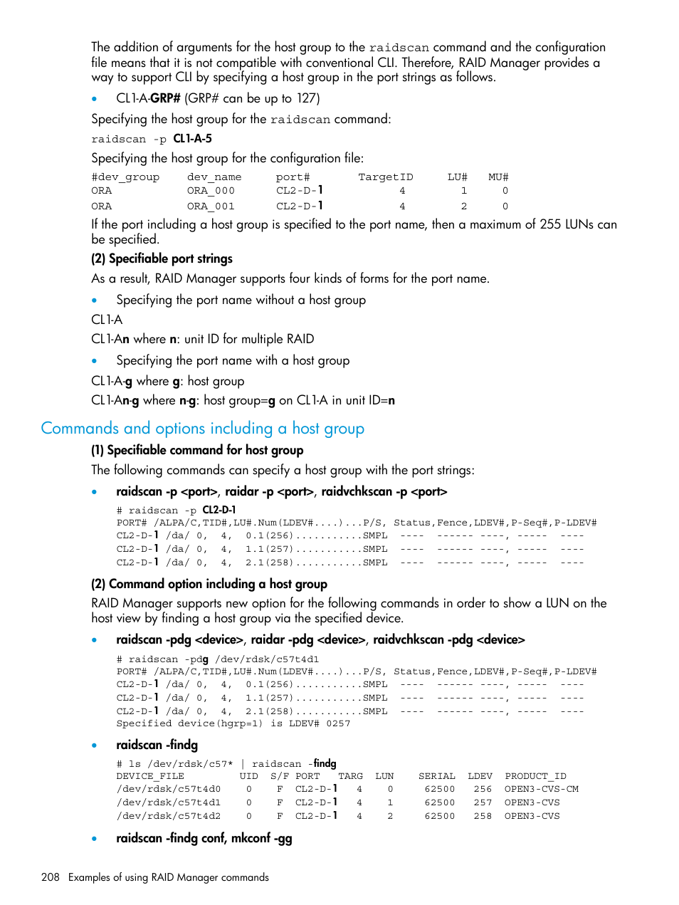 Commands and options including a host group | HP XP7 Storage User Manual | Page 208 / 304