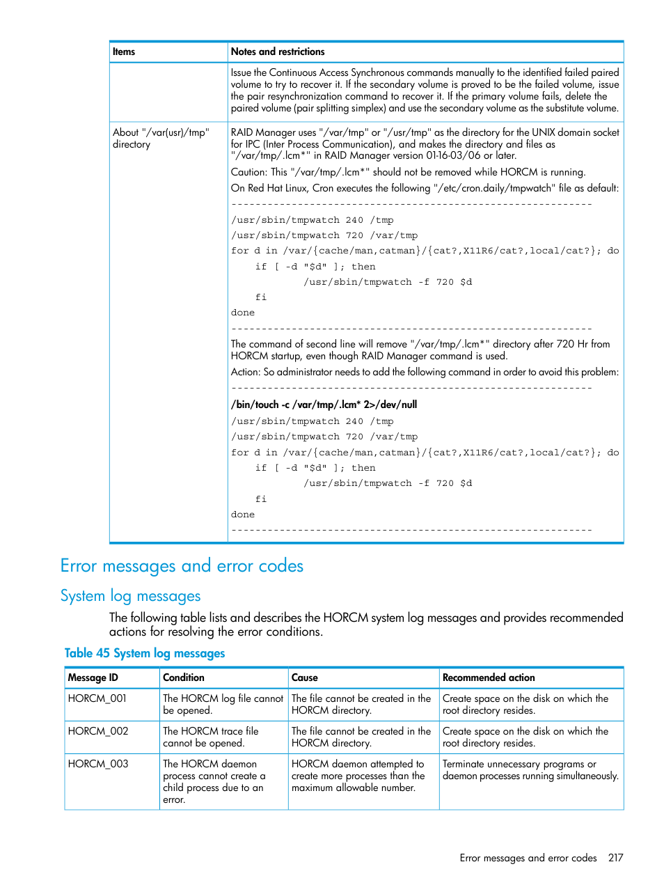 Error messages and error codes, System log messages | HP XP7 Storage User Manual | Page 217 / 304