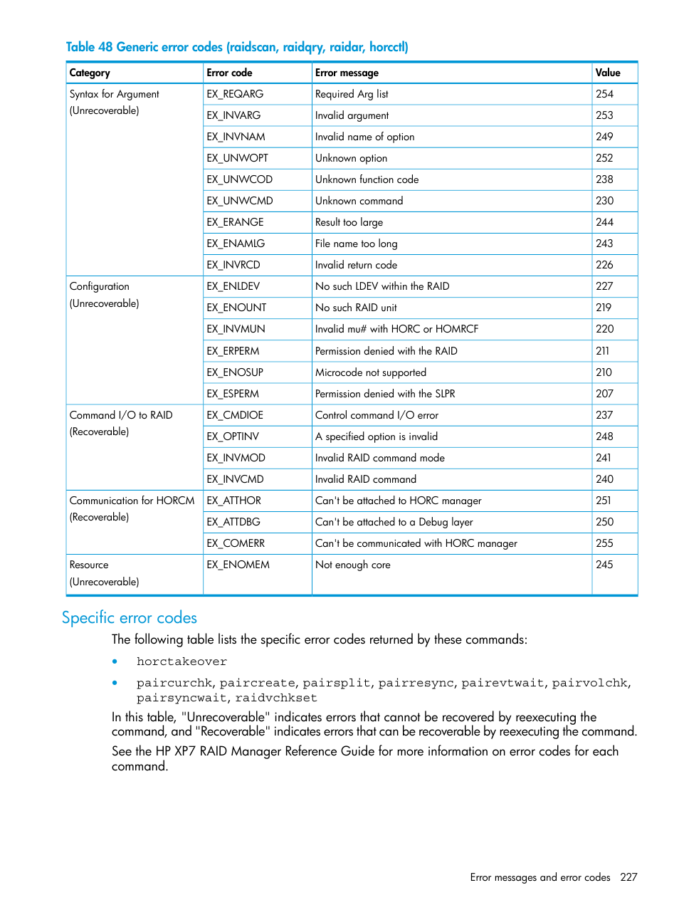 Specific error codes | HP XP7 Storage User Manual | Page 227 / 304