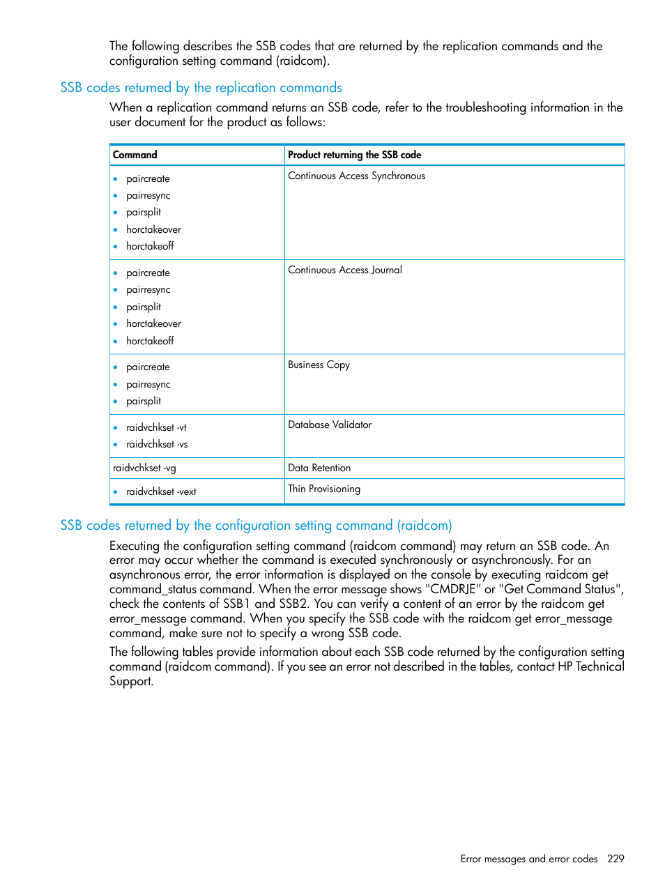 Ssb codes returned by the replication commands | HP XP7 Storage User Manual | Page 229 / 304