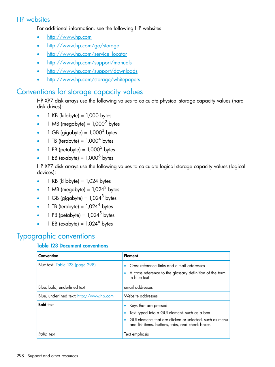 Hp websites, Conventions for storage capacity values, Typographic conventions | HP XP7 Storage User Manual | Page 298 / 304