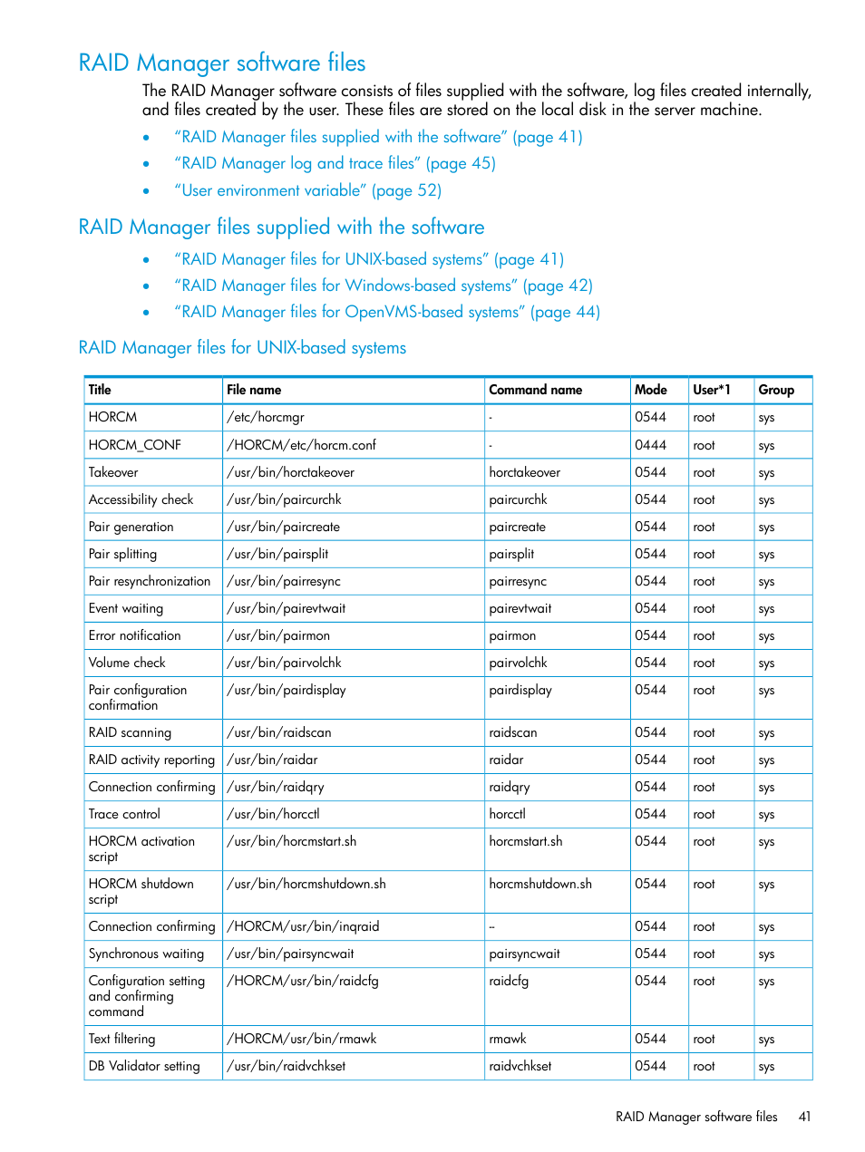 Raid manager software files, Raid manager files supplied with the software, Raid manager files for unix-based systems | HP XP7 Storage User Manual | Page 41 / 304