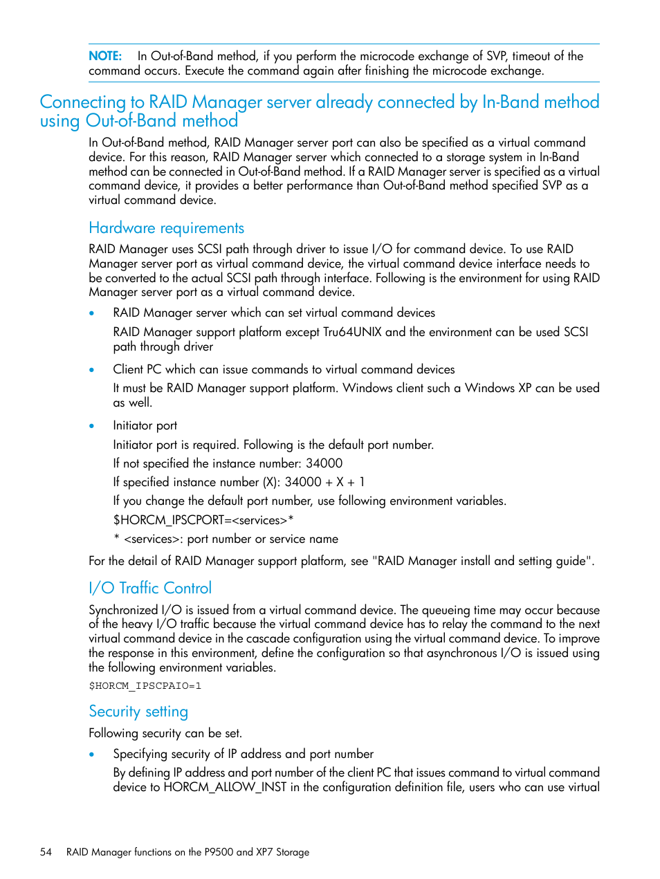 Hardware requirements, I/o traffic control, Security setting | HP XP7 Storage User Manual | Page 54 / 304