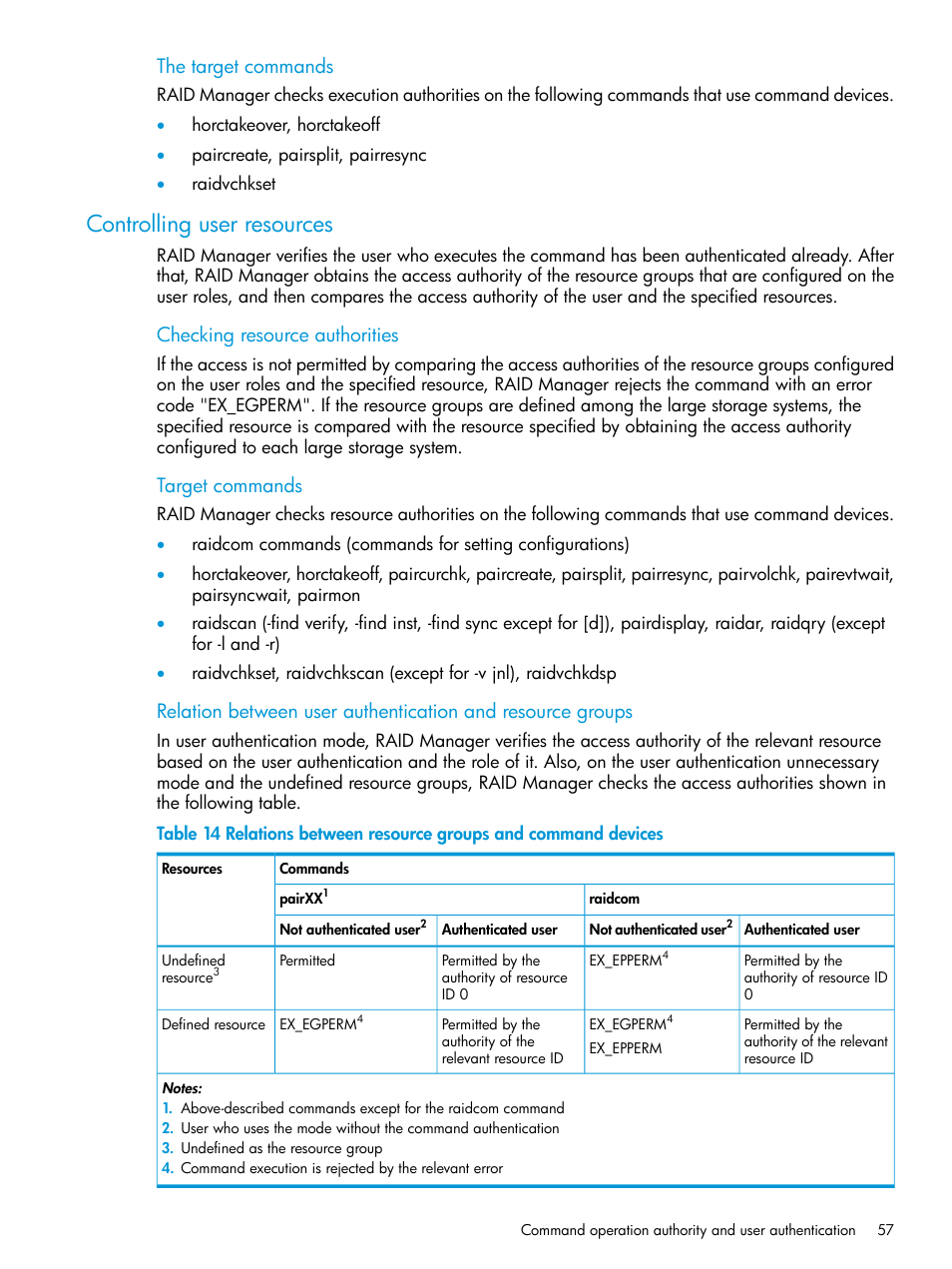 Controlling user resources, The target commands, Checking resource authorities | Target commands | HP XP7 Storage User Manual | Page 57 / 304
