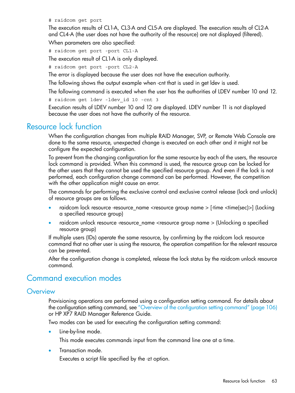 Resource lock function, Command execution modes, Overview | Resource lock function command execution modes | HP XP7 Storage User Manual | Page 63 / 304