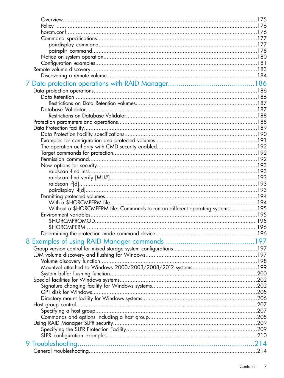 7 data protection operations with raid manager, 8 examples of using raid manager commands, 9 troubleshooting | HP XP7 Storage User Manual | Page 7 / 304