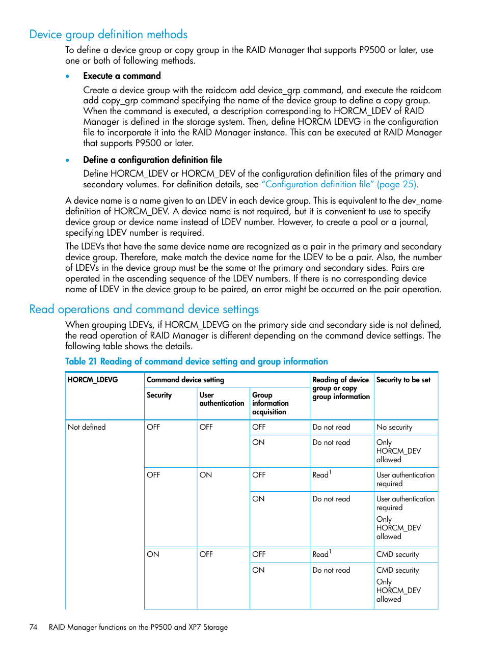 Device group definition methods, Read operations and command device settings | HP XP7 Storage User Manual | Page 74 / 304