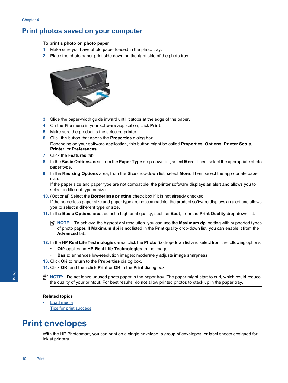 Print envelopes, Print photos saved on your computer | HP Photosmart Premium C310 User Manual | Page 12 / 48
