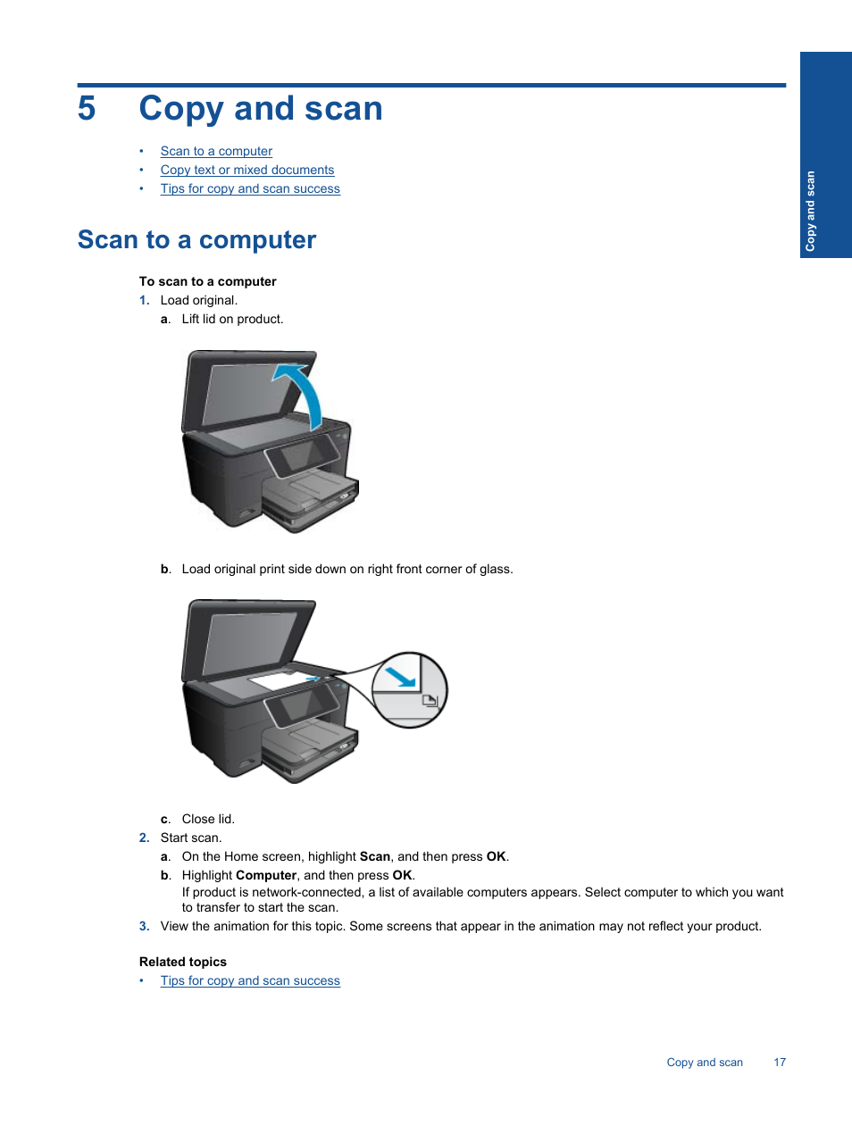 Copy and scan, Scan to a computer, 5 copy and scan | 5copy and scan | HP Photosmart Premium C310 User Manual | Page 19 / 48