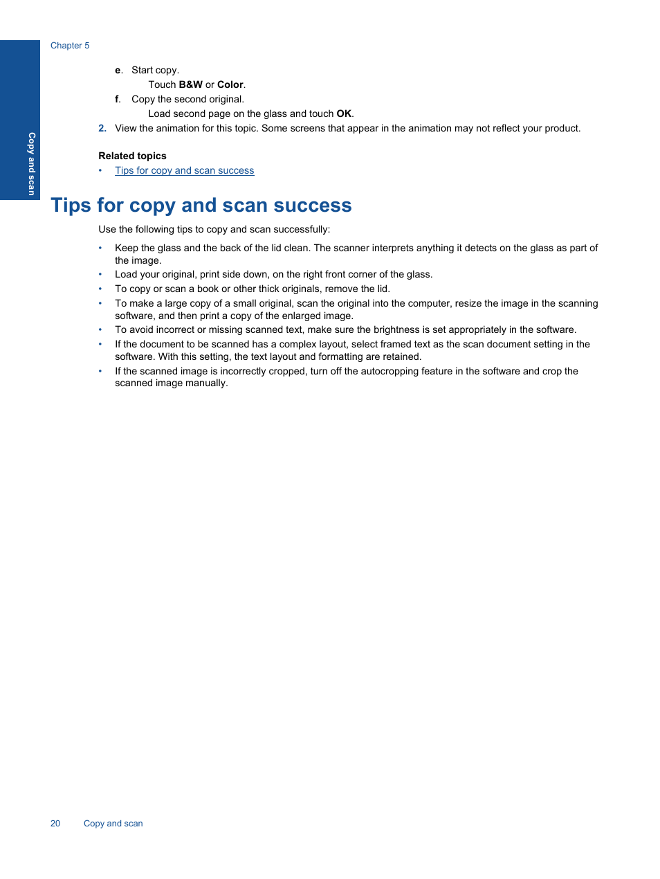 Tips for copy and scan success | HP Photosmart Premium C310 User Manual | Page 22 / 48