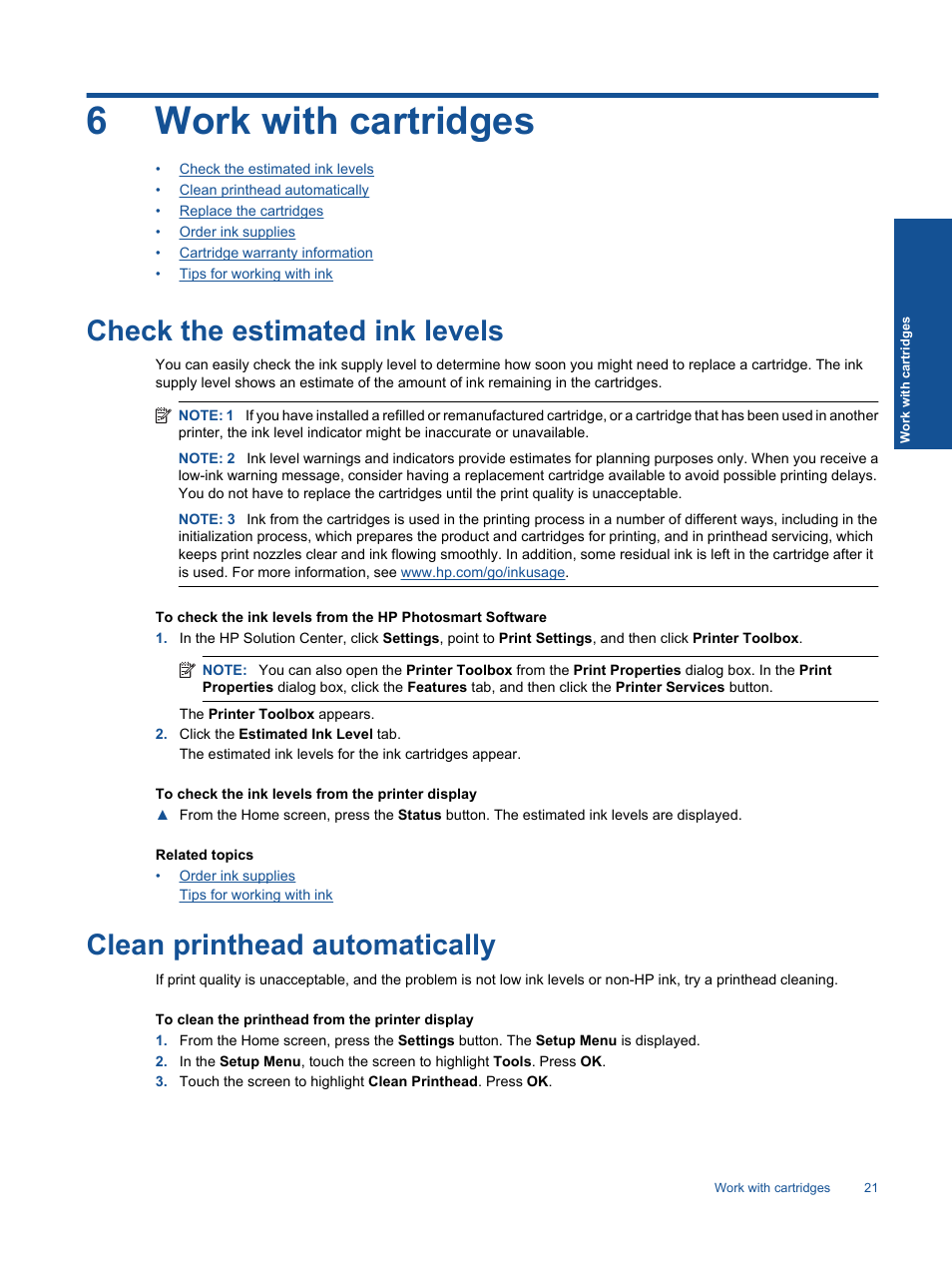 Work with cartridges, Check the estimated ink levels, Clean printhead automatically | 6 work with cartridges, 6work with cartridges | HP Photosmart Premium C310 User Manual | Page 23 / 48