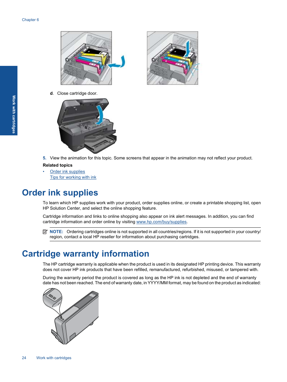 Order ink supplies, Cartridge warranty information, Order ink supplies cartridge warranty information | HP Photosmart Premium C310 User Manual | Page 26 / 48