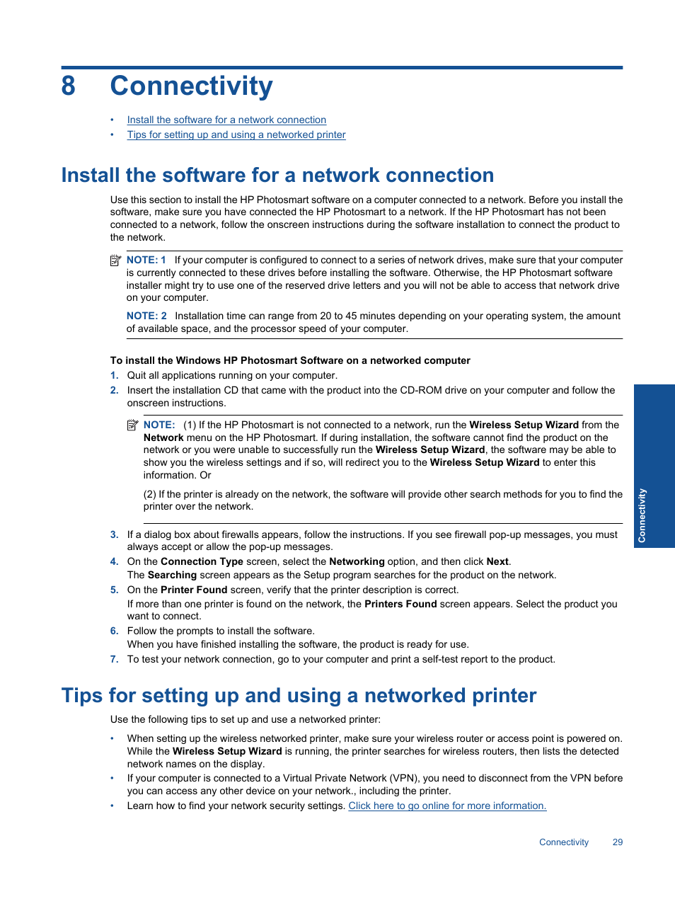 Connectivity, Install the software for a network connection, Tips for setting up and using a networked printer | 8 connectivity, 8connectivity | HP Photosmart Premium C310 User Manual | Page 31 / 48