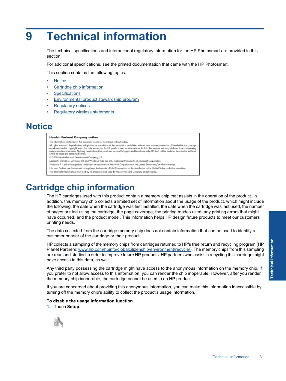 Technical information, Notice, Cartridge chip information | 9 technical information, Notice cartridge chip information, 9technical information | HP Photosmart Premium C310 User Manual | Page 33 / 48