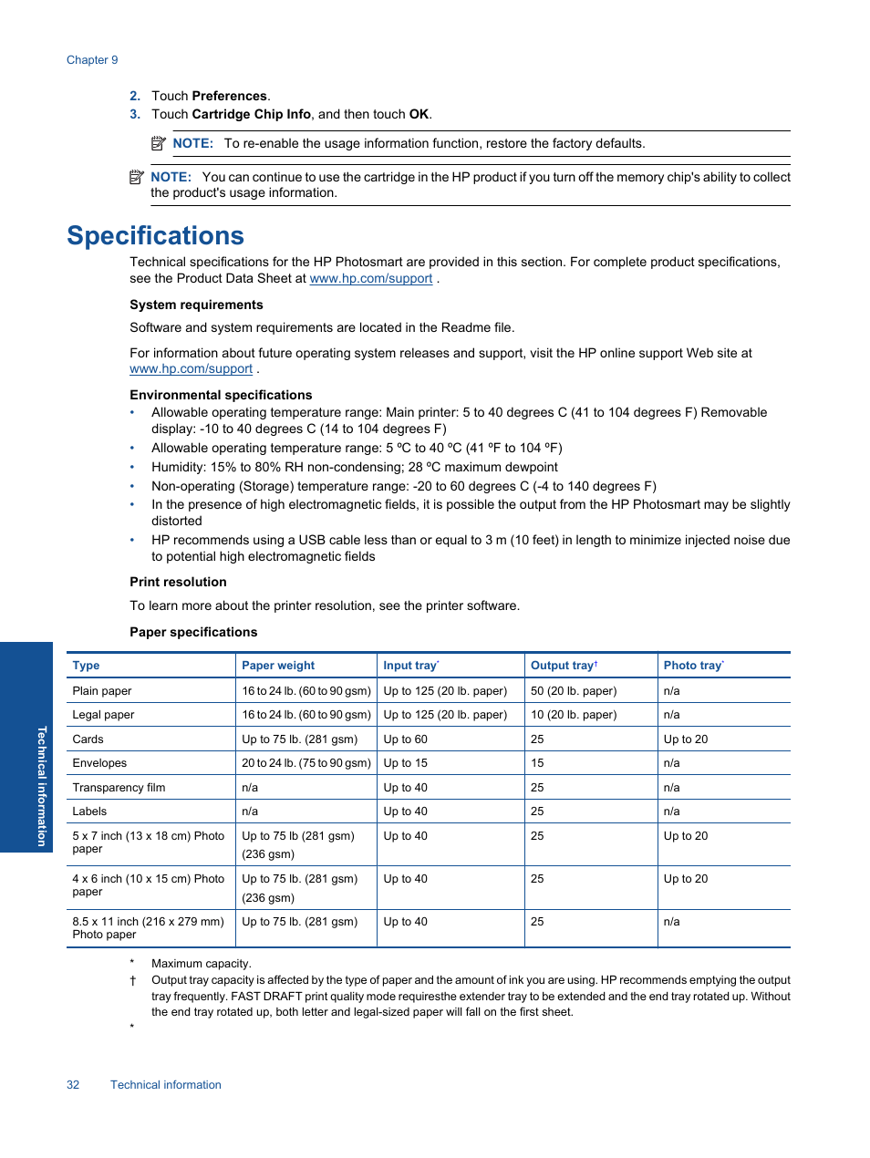 Specifications | HP Photosmart Premium C310 User Manual | Page 34 / 48