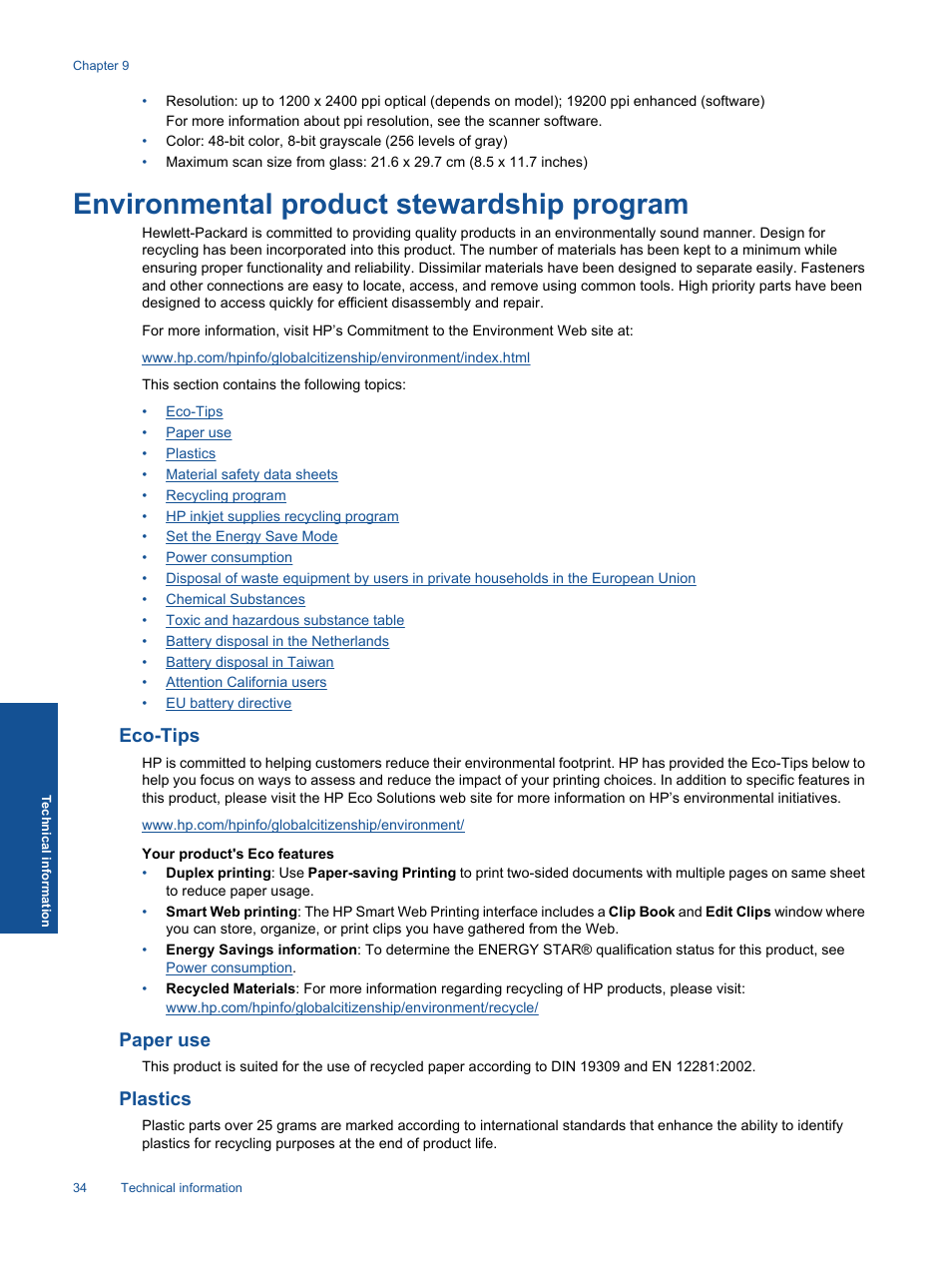 Environmental product stewardship program, Eco-tips, Paper use | Plastics | HP Photosmart Premium C310 User Manual | Page 36 / 48