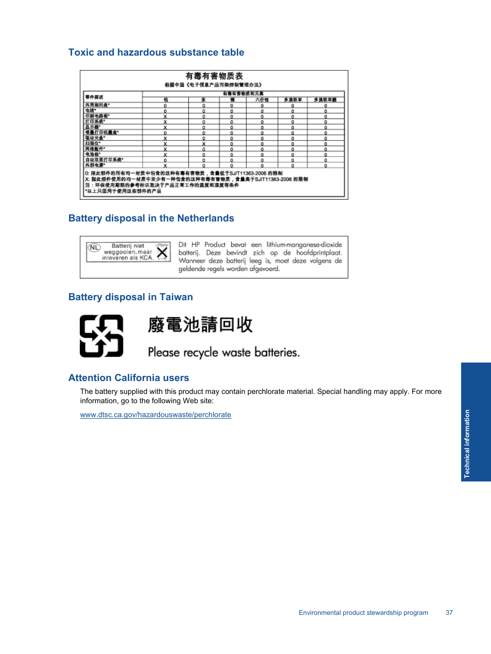 Toxic and hazardous substance table, Battery disposal in the netherlands, Battery disposal in taiwan | Attention california users | HP Photosmart Premium C310 User Manual | Page 39 / 48