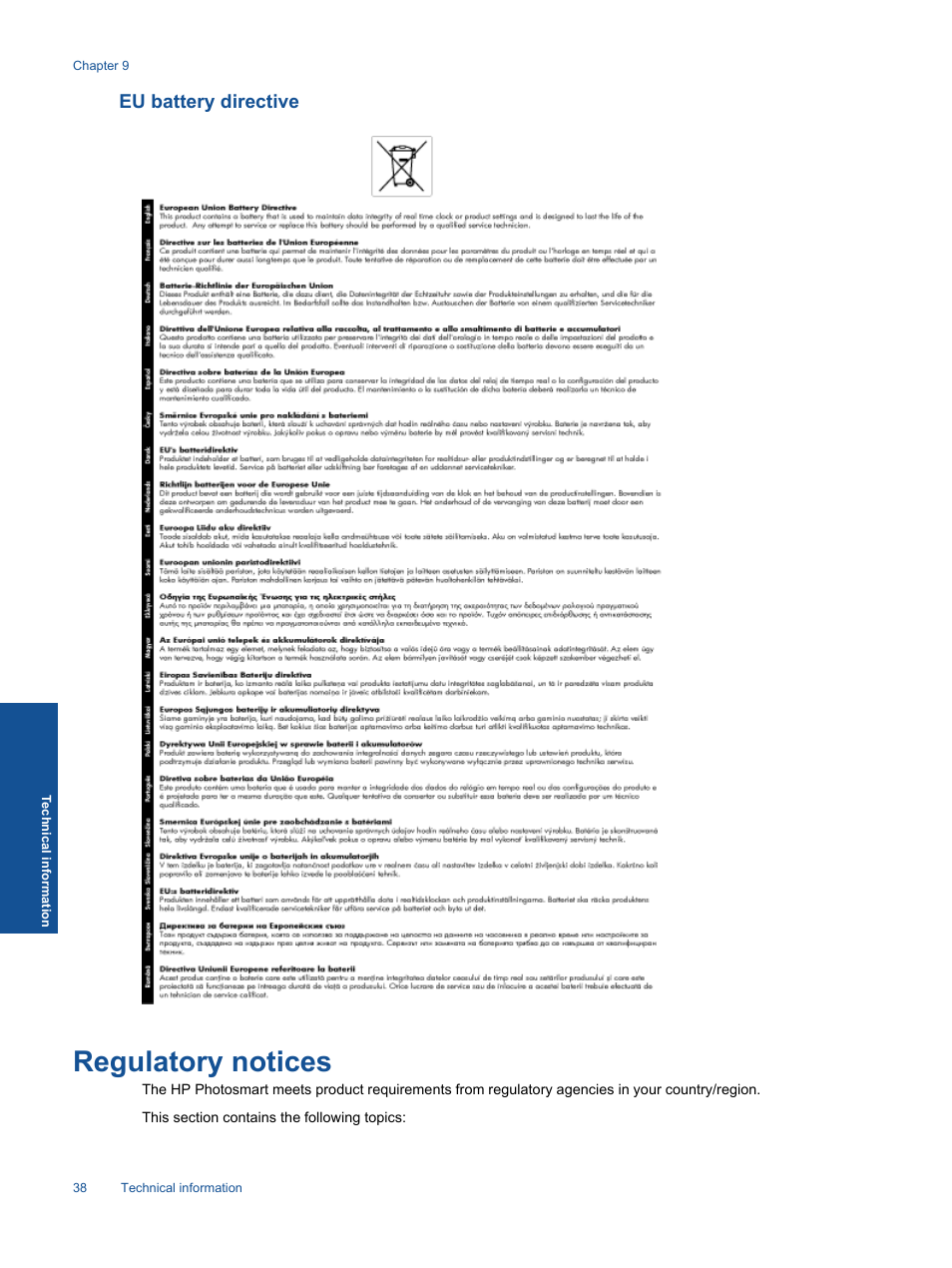 Eu battery directive, Regulatory notices | HP Photosmart Premium C310 User Manual | Page 40 / 48
