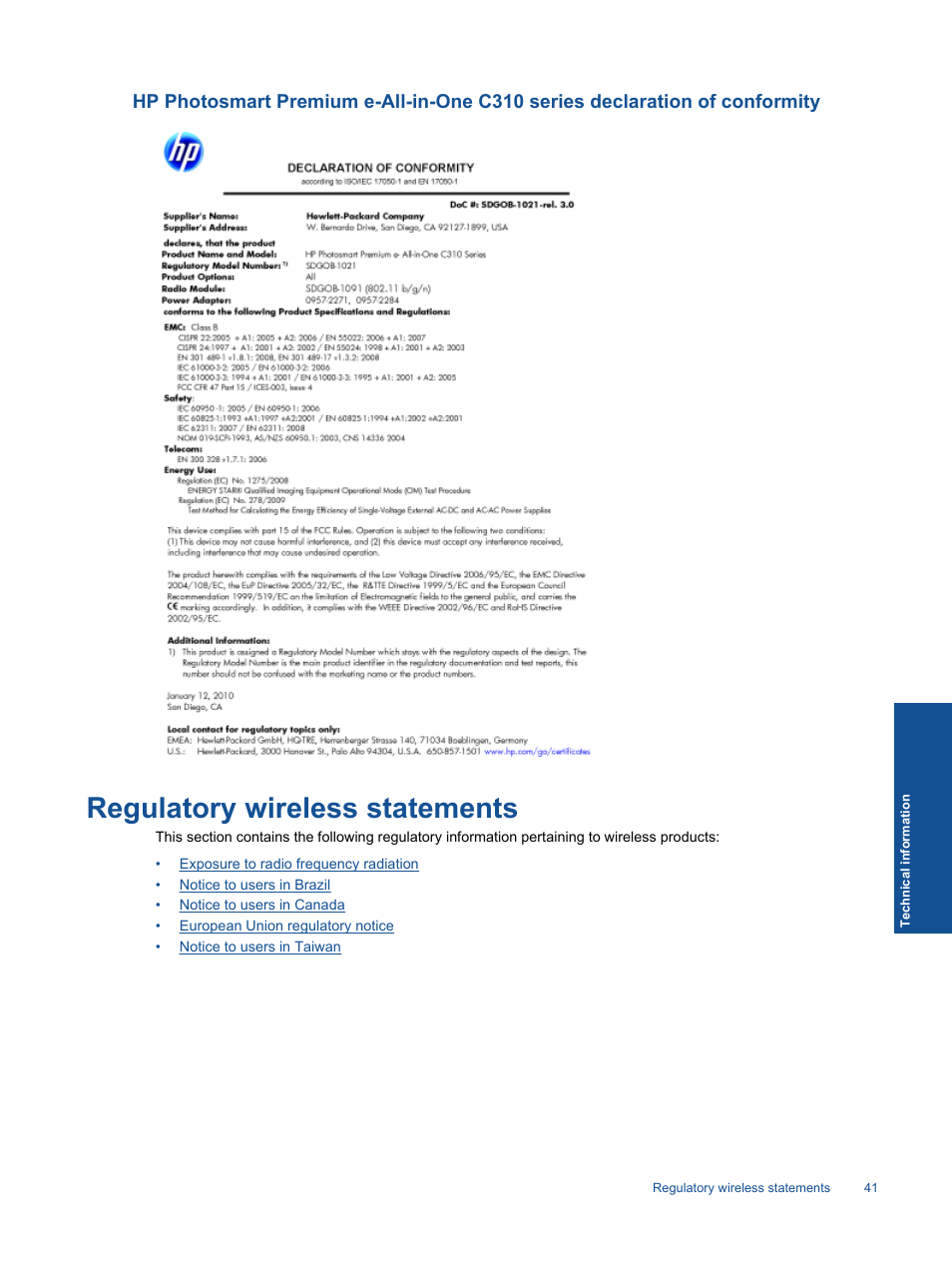 Regulatory wireless statements | HP Photosmart Premium C310 User Manual | Page 43 / 48