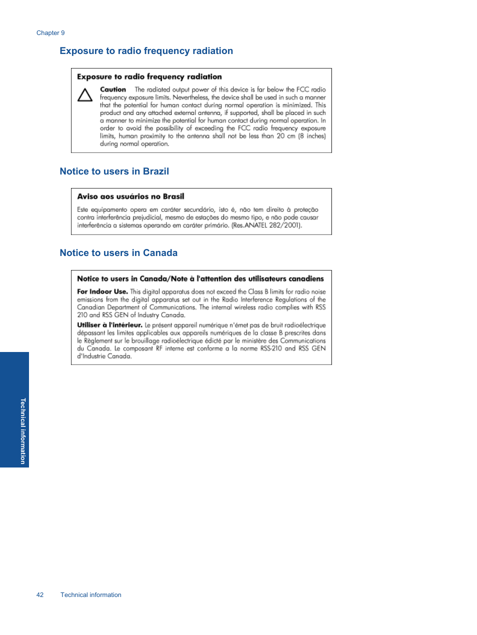 Exposure to radio frequency radiation, Notice to users in brazil, Notice to users in canada | HP Photosmart Premium C310 User Manual | Page 44 / 48