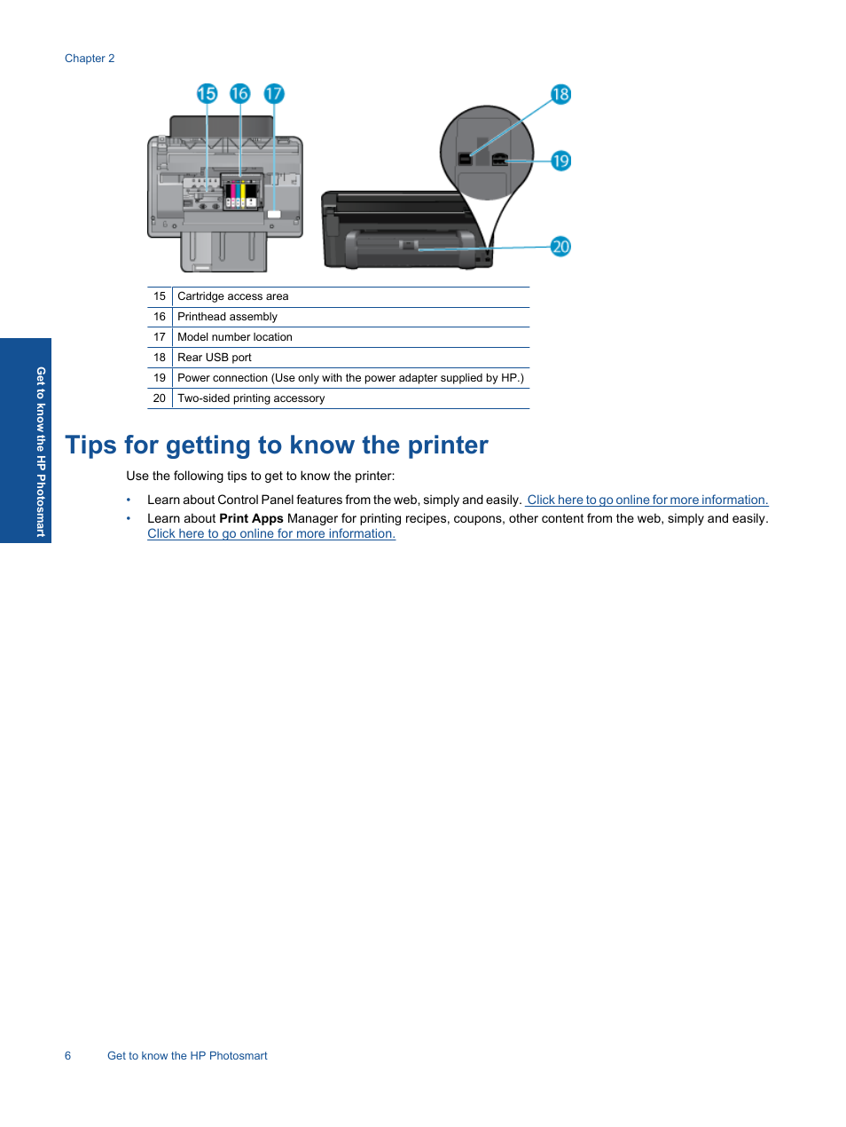 Tips for getting to know the printer | HP Photosmart Premium C310 User Manual | Page 8 / 48